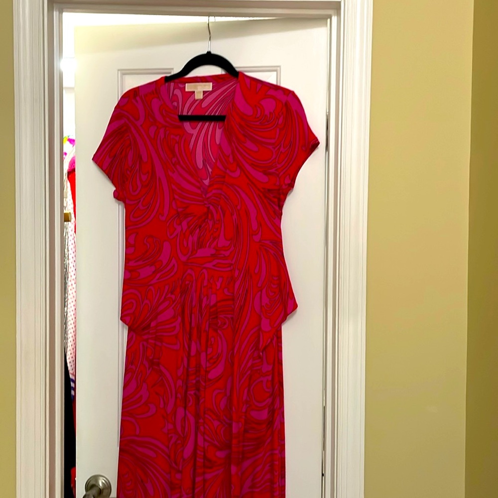 Michael Kors Pink & Orange faux wrap handkerchief dress